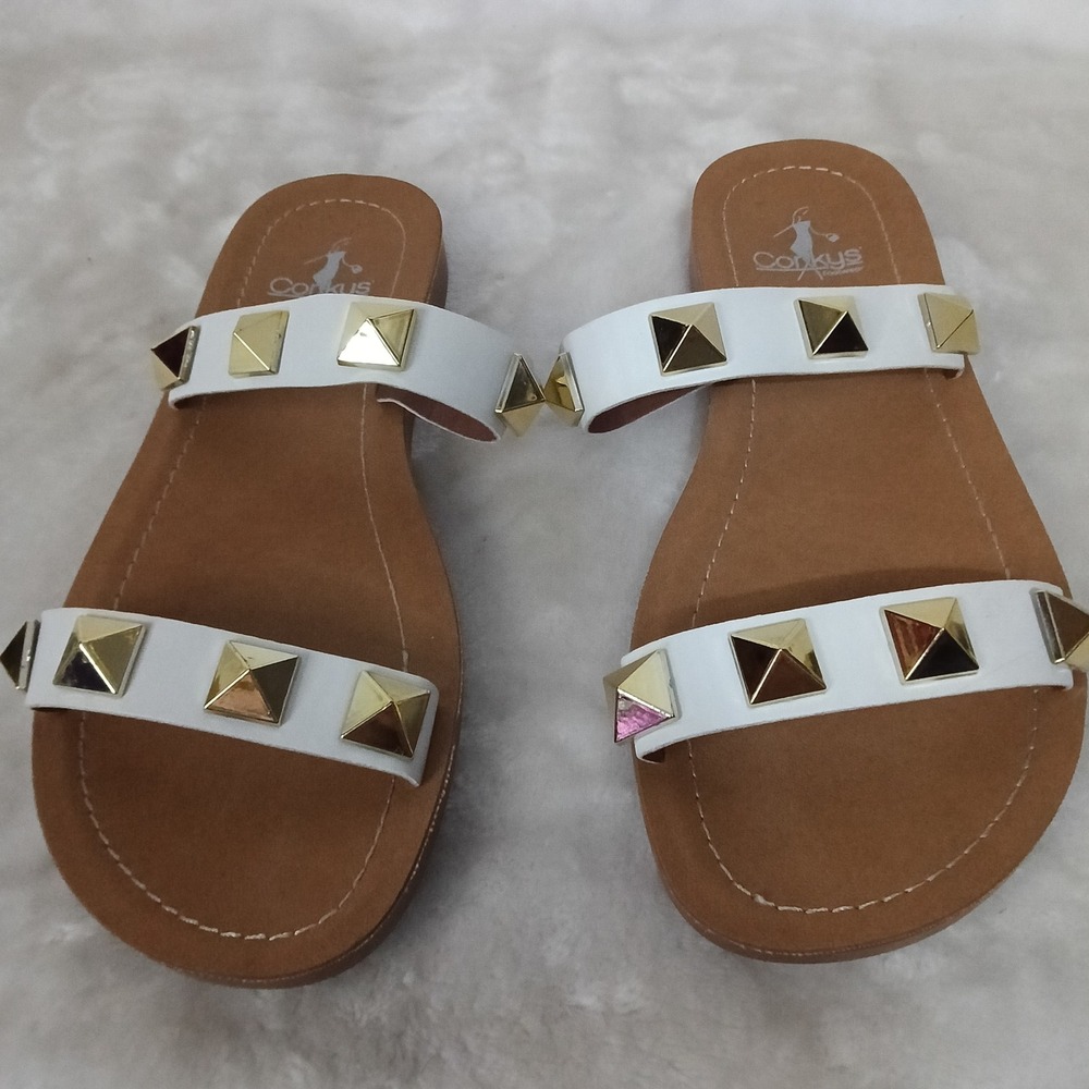 Corkys Footwear Daiquiri White Gold Studded Slide Sandals Womens 8 - Picture 2 of 5